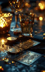 Virtual online casino concept, gaming, currency entertainment, gambling symbols, nightlife, deluxe symbol, betting chips playing cards, live poker digital entertainment, banner wallpaper background.