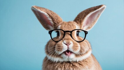 Cute rabbit smiling with glasses on a light blue background, copy space