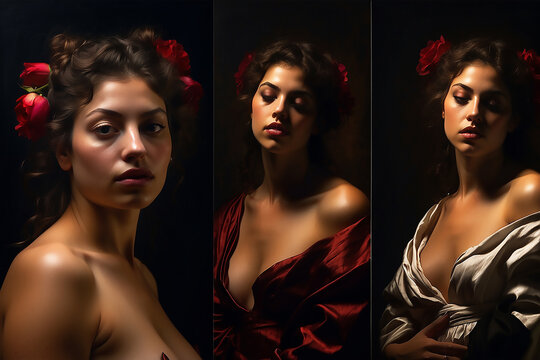 two models, artistic nude, caravaggio style, similar painting
​