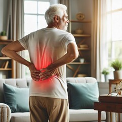 Senior man suffering from back pain at home. Mature man holding hands on painful back. Back pain. Red highlight. Osteoarthritis, arthritis, arthrosis. Medical concept. Generative AI.