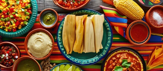 Various Mexican flag-colored tablecloth-topped clay dish featuring different tamales.
