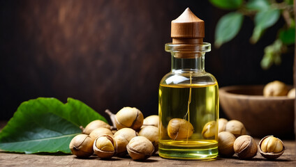 Cosmetic oil in a glass bottle, macadamia nut - obrazy, fototapety, plakaty