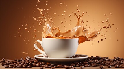 Iced coffee in white cup with splashes, flying beans, beige background for text placement