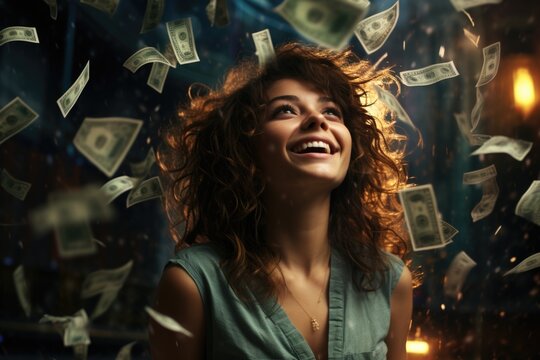 Wealthy shower: joyous cascade of money onto a blissful individual, embodying the triumphant concept of winning and amassing substantial wealth, a financial downpour symbolizing success and abundance.