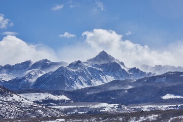 Fototapeta premium Colorado, Dallas Divide, Mt. Snuffles with blowing snow on a winter day