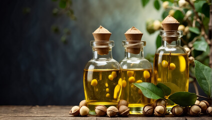 Cosmetic oil in a glass bottle, macadamia nut product