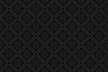 Embossed black background, tribal cover design. Handmade, arabesque, boho. Geometric ethnic stylish 3D pattern. Ornamental art of the East, Asia, India, Mexico, Aztec, Peru.