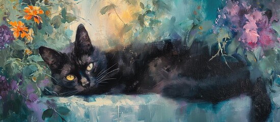Feline in garden, black cat. - obrazy, fototapety, plakaty