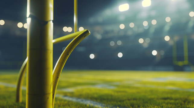 American football arena with yellow goal post, grass field and blurred fans. AI Generative