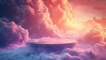3D render of a round podium against a background of clouds at sunset - obrazy, fototapety, plakaty