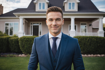 Portrait of friendly male real estate agent showing house that you can buy or rent. Smiling Caucasian middle-aged man in business suit posing in front of home for sale.