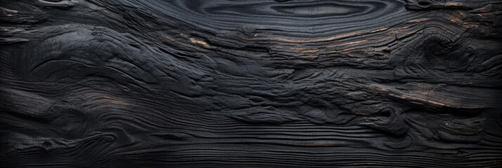 Burnt wood texture background, wide banner of charred black timber. Abstract pattern of dark burned...
