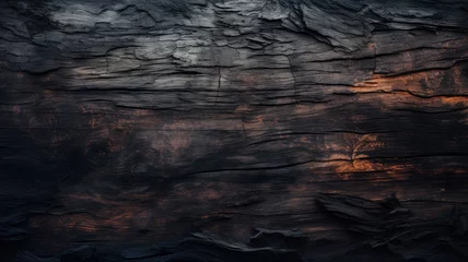 Foto auf Acrylglas Brennholz Textur Burnt wood texture background, charred black timber close-up. Abstract pattern of dark burned scorched woodgrain. Concept of charcoal, coal, grill, embers, wallpaper, tree, firewood