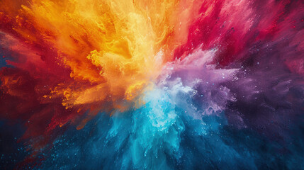 Explosion of color paint, burst of multicolored powder or watercolor, abstract colorful background. Pattern of bright festive splash like in Holi festival. Concept of spectrum, explode - obrazy, fototapety, plakaty