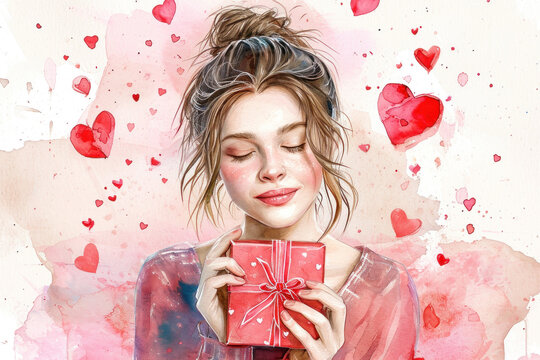 Happy young woman holds gift box on Valentine`s Day, watercolor portrait of adult girl with closed eyes, red heart shapes on white background. Concept of love, people and romance