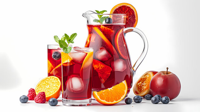 A sangria with fruits and ice cubes in a pitcher and glasses on a white background