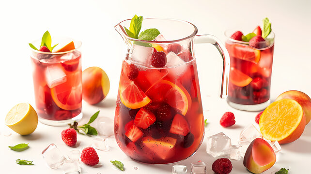 A sangria with fruits and ice cubes in a pitcher and glasses on a white background