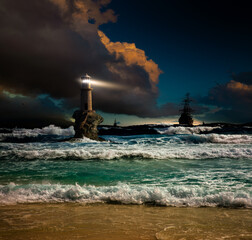 Storm at sea overlooking the lighthouse and ships. Lighthouse Tourlitis of Chora, Andros, Greece
