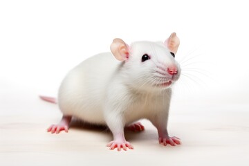 A white rat sitting on top of a wooden floor. Laboratory animal, testing model for research.