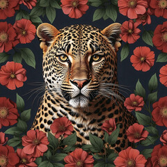 Portrait of a wild leopard among red flowers. Generative ai