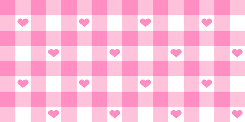 Checkered background with pink and white squares and hearts. Gingham or vichy pattern of tablecloth, napkin, towel, blanket. Picnic plaid texture. Valentine Day scrapbooking or wrapping paper print.