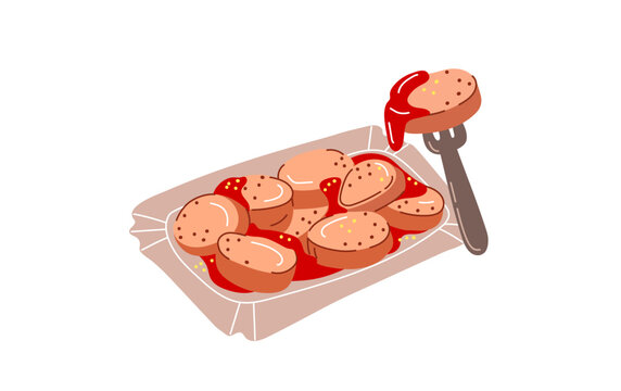 Currywurst german finger food with tomato sauce.Vector illustration 