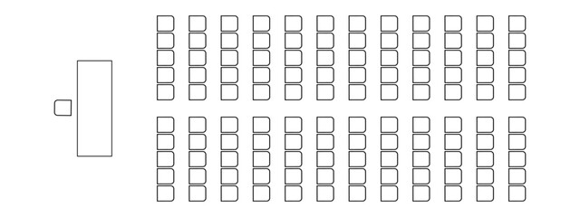 Layout of seats in meeting, conference, auditorium, training, seminar. Schematic graphic desk and armchairs icons, furniture symbols. Architectural seating plan top view