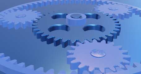 Yellow-themed gear animation. Continuous planetary gear rotation. Mechanical rotating equipment.