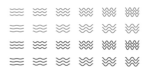 Set of wave icons. Ocean, sea, river, lake, water symbols. Air, wind, flow, stream pictograms. Undulate parallel horizontal black lines signs isolated on white background. Vector outline illustration - obrazy, fototapety, plakaty