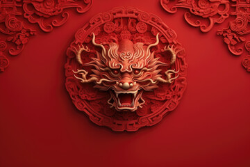 Red Dragon Chinese Zodiac on a red background, Happy chinese new year 2024, illustration fantasy Dragon head, Generative AI