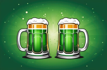 St Patrick's day illustrated greeting card. two frothy beer mugs on green background