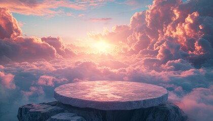 3D render of a round podium against a background of clouds at sunset - obrazy, fototapety, plakaty