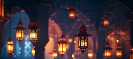 ramadan background - Lanterns amidst a Starry Sky in Mosque  - Blue and Dark