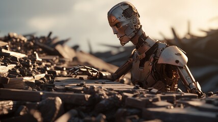 A desolate robot, weathered by time, sitting on the edge of a shattered platform, surrounded by the remnants of a once-thriving technological era  -Generative Ai