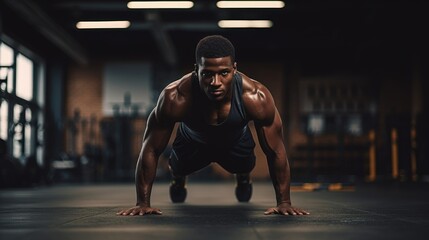 Black african american athlete doing a push up at gym - obrazy, fototapety, plakaty