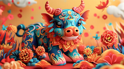Fototapeta na wymiar A vibrantly decorated ox figurine takes center stage among a bed of elaborate flowers. Symbolizes celebration and culture during Chinese New Year.