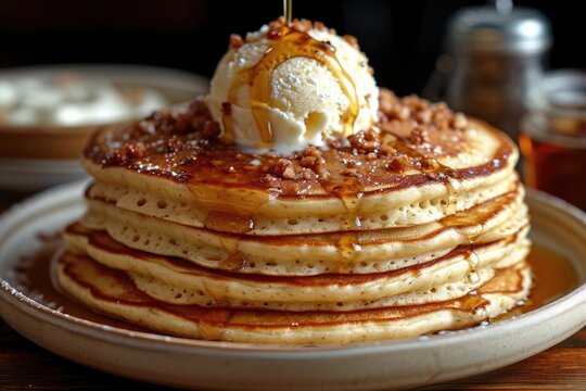 A stack of pancakes topped with ice cream and syrup.