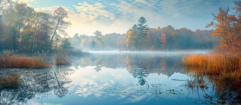 A peaceful morning scene with tranquil water reflecting nature's splendor.