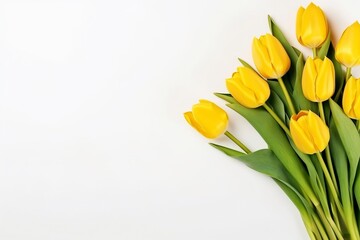 bouquet of beautiful yellow tulips on white background, flat lay and copy space - generative ai