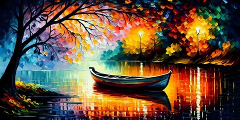 photo, LEONID AFREMOV, pastel, bright colors, lake, trees, small row boat, small fireflies, small...