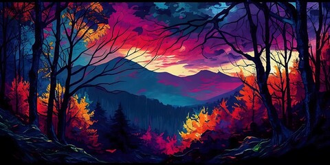 Darks purple sunset, green, orange, blue, red, purlpe, Beautiful autumn forest mountain landscape, colorful leaves, by leonardo da vinci - obrazy, fototapety, plakaty