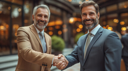 Two middle aged businessmen in suits shaking hands on a successful deal and signed contract agreement.