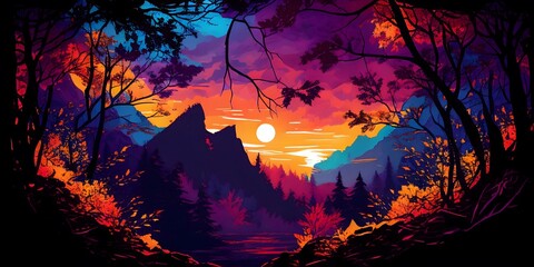 Darks purple sunset, green, orange, blue, red, purlpe, Beautiful autumn forest mountain landscape, colorful leaves, by leonardo da vinci