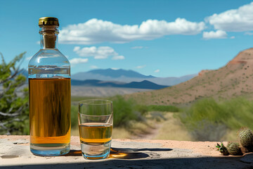 Close-up of a bottle of Sotol Mexican alcohol and a shot glass, with a desert landscape in the background.