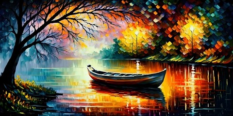 photo, LEONID AFREMOV, pastel, bright colors, lake, trees, small row boat, small fireflies, small...