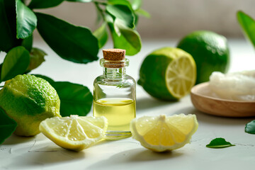 Photograph featuring Bergamot fruit and Bergamot essential oil placed on a white surface.