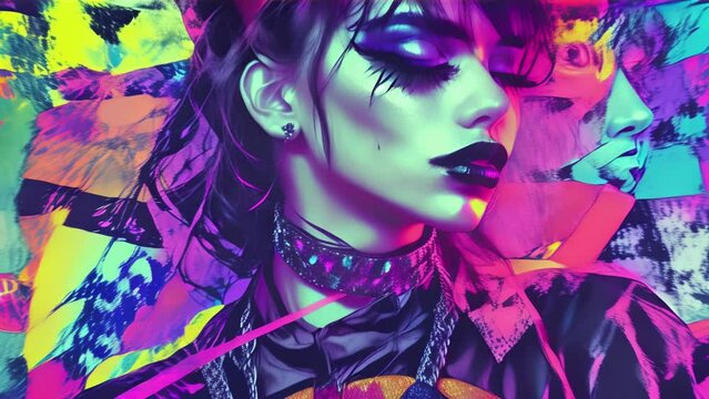 Portrait of a person dressed in punk fashion, featuring a colorful abstract background.
