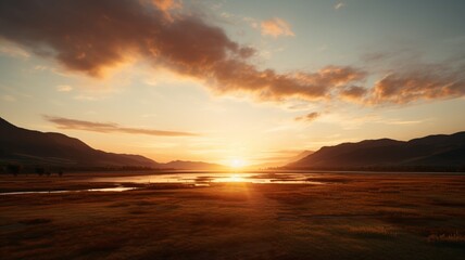 A distant mountain range bathed in the golden light of a setting sun, with valleys and peaks creating a dynamic landscape  -Generative Ai