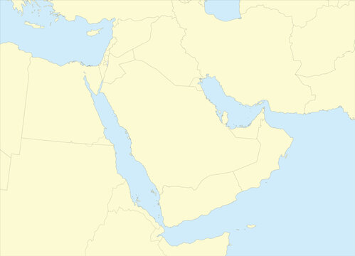 Yellow detailed CMYK blank political map of the MIDDLE EAST with black national country borders on yellow continent background and blue sea surfaces using orthographic projection