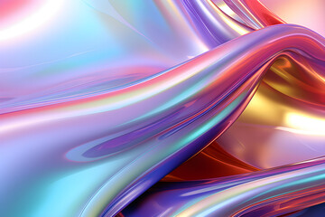 3D abstract colourful iridescent chrome background with waves - obrazy, fototapety, plakaty